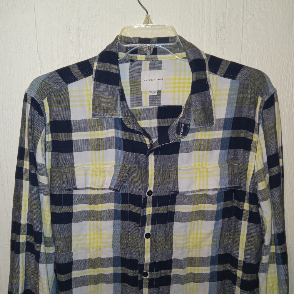 American Eagle Plaid Button Down Shirt Mens XXL Blue Yellow White Flannel Style